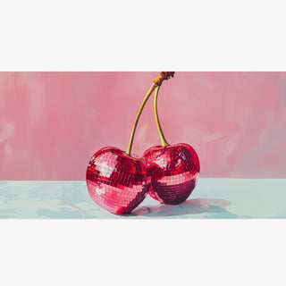 Acrylic trinket tray interchangeable insert featuring pink mirrored disco cherries on a colorful pink background