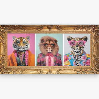 Acrylic trinket tray interchangeable insert featuring colorful tiger, lion and leopard portraits in an ornate gold frame