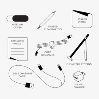 Set of electronic accessories including a webcam cover, earbud cleaning tool, screen cloth, password hint list, cord organizer, phone/tablet stand, 2-in-1 charging cable, and USB wall charger.