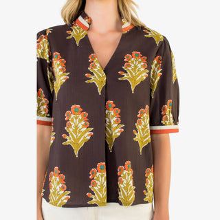Brown floral blouse with short sleeves and split neckline
