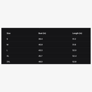 Size chart for clothing with bust and length measurements on a black background