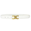 Melonie Belt in bright white with a brass buckle, showcasing its sleek, skinny design.