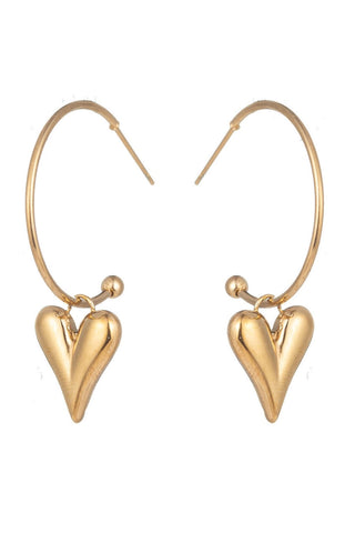 Jasmine gold heart hoop earrings with dangling heart charm in polished gold-tone metal