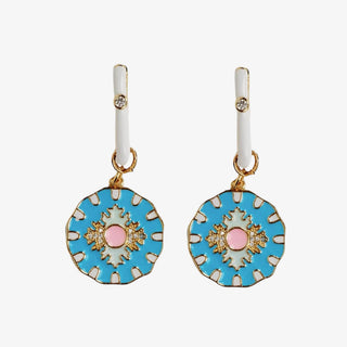 Blue Capri tile drop earrings with enamel charm and white hoop detail front product view