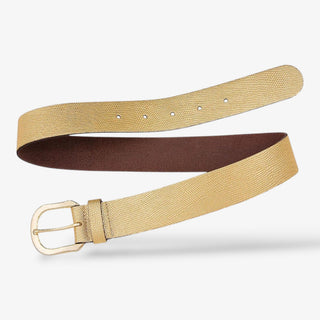 Amsterdam Heritage Dana gold metallic leather belt with textured finish, gold buckle and leather backing, full product view