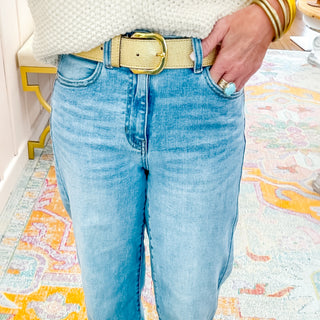 Amsterdam Heritage Dana gold metallic leather belt worn with blue jeans and a cream knit top, styled outfit view