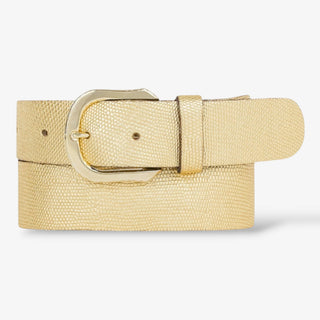 Amsterdam Heritage Dana gold metallic leather belt with textured finish and bright gold buckle, front product view