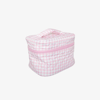 Pink plaid quilted makeup bag with zip closure and interior pocket