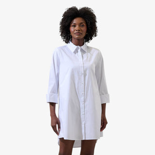 white poplin shirt dress button down collared mini dress rolled sleeves front view