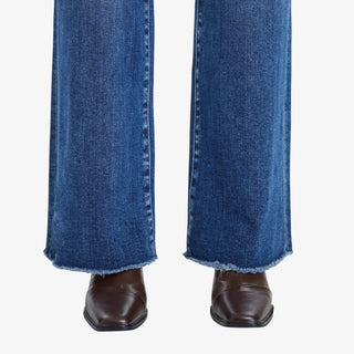 High-rise straight leg jeans with raw hem in medium wash denim