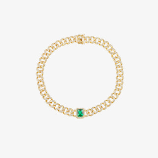 Camila 18K gold emerald collar necklace with pavé Cuban link chain and rectangular green center stone