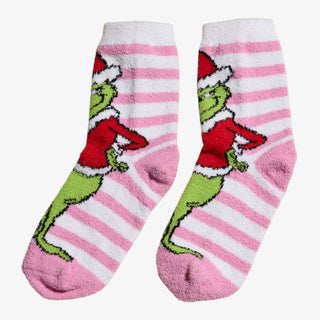 Holiday Green Monster Sock Set with pink and green fuzzy socks featuring festive Christmas designs