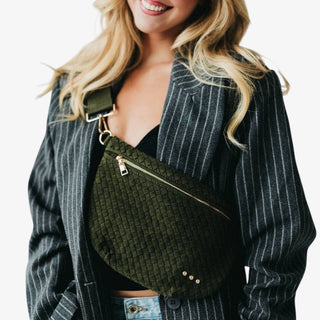 Suede Westlyn Bum Bag in Olive with woven texture and gold zipper