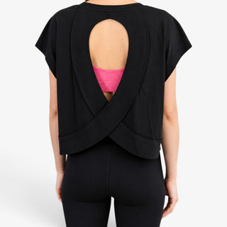 black open back active tee back view with crossover open back detail 