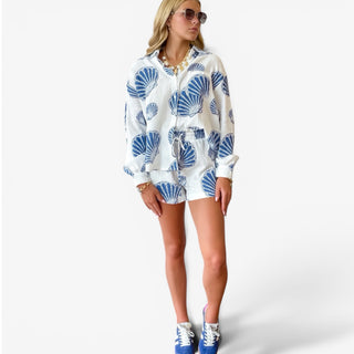 Blue shell print cotton gauze matching set front view with long sleeve shirt and shorts