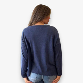Lawson Midnight Blue knit long sleeve top with relaxed fit and raw-edge hem.