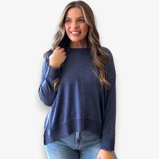Lawson Midnight Blue knit long sleeve top with relaxed fit and raw-edge hem.