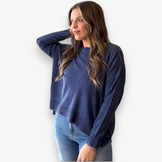 Lawson Midnight Blue knit long sleeve top with relaxed fit and raw-edge hem.