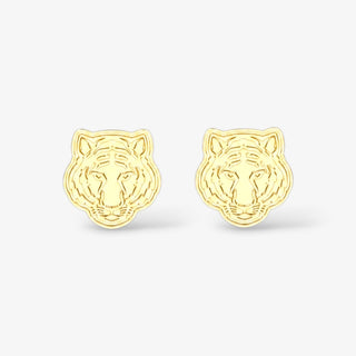 Bourbon and Boweties gold-plated tiger head stud earrings shown from the front on a white background for LSU game day.