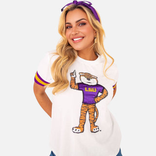 Brianna Cannon LSU Sparkle T-shirt in white with sequin tiger mascot and purple and gold sleeve stripes, front view on model.