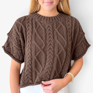 Brown cable knit sweater with short sleeves and textured braided knit pattern, front view on model close up view.