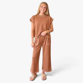 Brown Scuba Lounge Set with contrast trim top, patch pocket wide leg pants and relaxed fit shown in full front view.