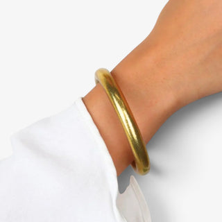 BuDhaGirl Aura Tzubbie All Weather Bangle styled alone on wrist with white sleeve for effortless everyday wear, side view