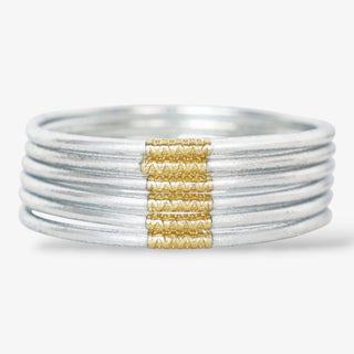 BuDhaGirl Lumine All Weather Bangles in Silver set of six slim stackable bangles front view