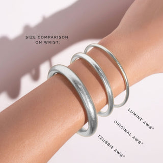 BuDhaGirl Lumine All Weather Bangles size comparison showing Lumine, Original and Tzubbie bangle thickness