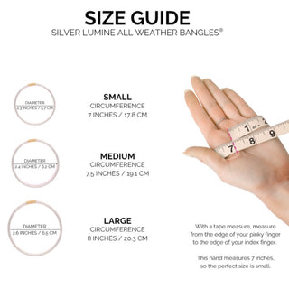 BuDhaGirl Lumine All Weather Bangles size guide with small medium and large wrist measurements