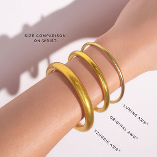 BuDhaGirl Lumine All Weather Bangles size comparison showing Lumine, Original and Tzubbie bangle thickness