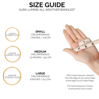 BuDhaGirl Lumine All Weather Bangles size guide with small medium and large wrist measurements