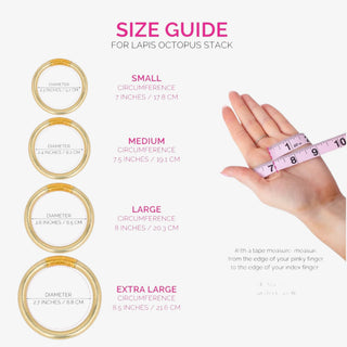 BuDhaGirl Tzubbie All Weather Bangle size guide showing small, medium, large and extra large measurements