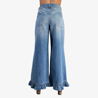 high rise wide leg jeans with ruffle hem detail womens statement denim pants with flare leg and feminine ruffle ankle design