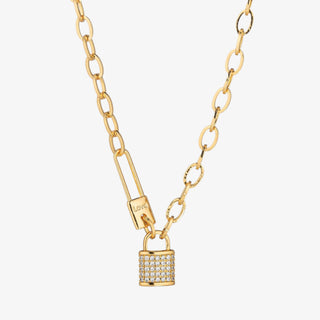 Gold Lock Necklace with CZ Stones