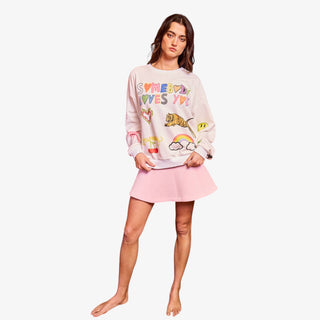 Somebody Loves You sweatshirt with colorful all-over graphics front and back including tiger, hearts and ice cream