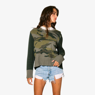 Camo Contrast Knit Sweater with ribbed trim and long contrast sleeves