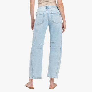 Light wash barrel jeans with high rise waist and curved leg fit