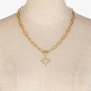 North Star Paperclip Necklace in gold with CZ crystal pendant, celestial charm on modern chain link design.