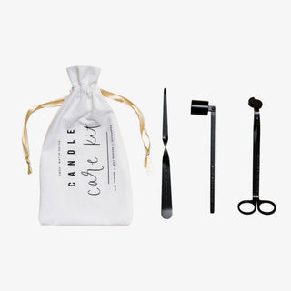 Candle care kit matte black tools wick trimmer snuffer dipper flat lay top view