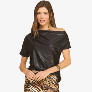 Black one shoulder top with relaxed draped neckline and subtle shimmer for dressy and evening outfits.