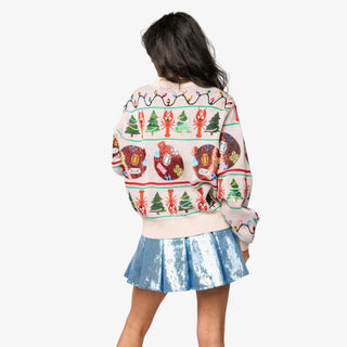Model wearing Queen of Sparkles Cajun Christmas Sweater with sequin crawfish and tree details