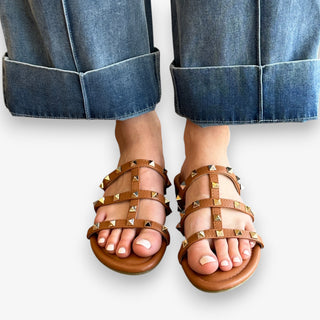 Brown studded strappy sandals flat leather look casual outfit styling front view