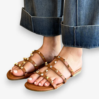 Brown studded strappy sandals flat leather look casual outfit styling front view