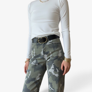 Camo cuffed wide leg jeans in green camouflage print showing the high rise waist, front pockets and relaxed wide leg fit, detail view.