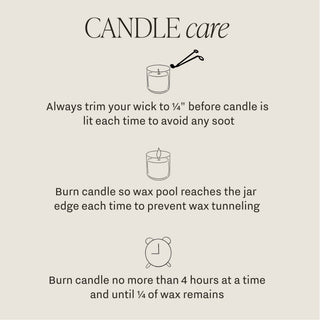 Candle care instructions graphic for trimming wick preventing tunneling and proper burn time