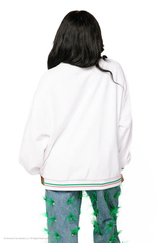 Model wearing Licensed Elphaba & Glinda Card Sweatshirt with sequin Wicked character design