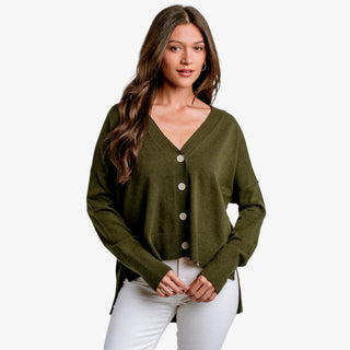Kerisma Wagner cardigan in dark olive featuring a lightweight knit, button-front design, V-neckline, and relaxed fit