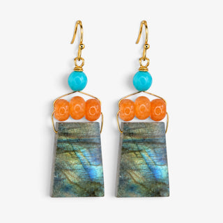 Catherine Page Daytrip Labradorite Slate earrings with blue, orange and turquoise beads and rectangular labradorite drops