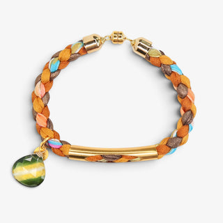 Catherine Page Tapestry woven bracelet with multicolor braided fabric, gold bar detail and green teardrop charm